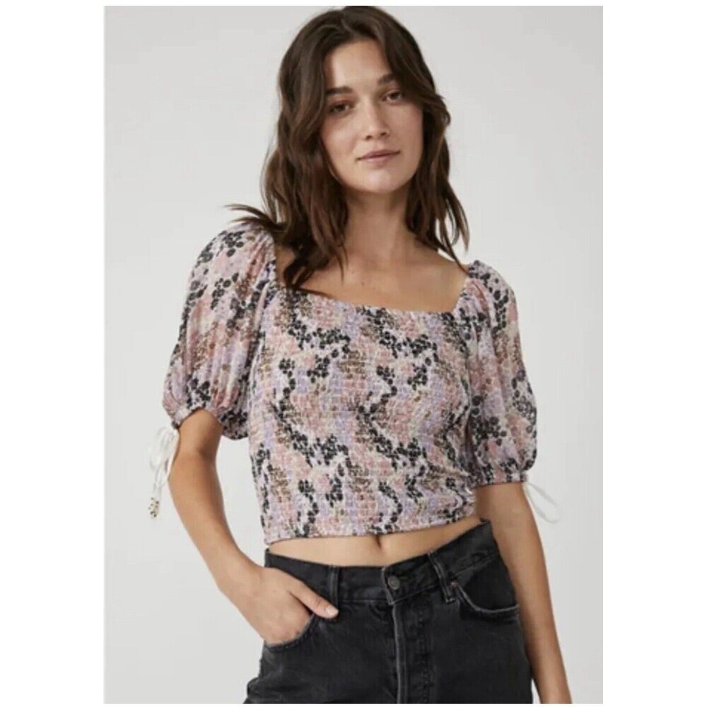 Free People Back on Top Crop Smocked Shirt Blouse Puff Sleeve Size‎ XS NWT